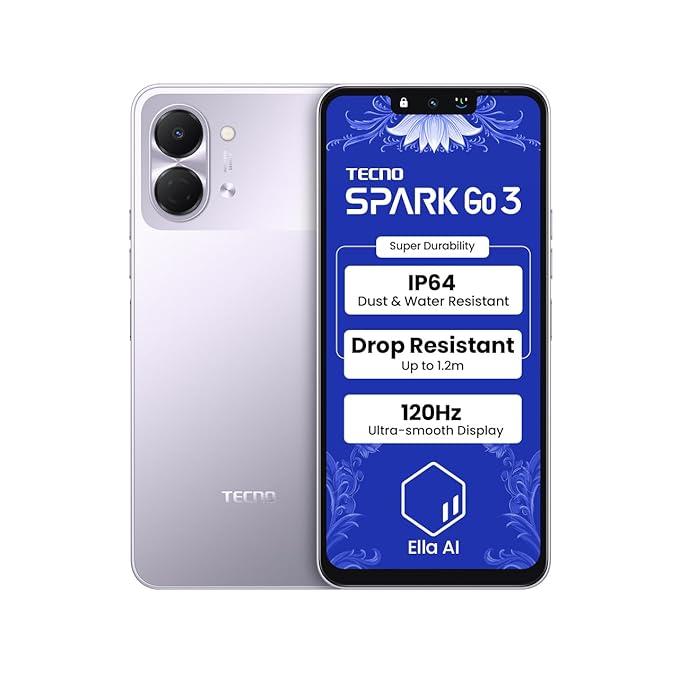 Tecno Spark GO 3 (Aurora Purple, 4GB+64GB | Super Durability Drop Resistant & IP64 Rated| Make Calls Without Network* |Ella Al in Your Own Language| Super Smooth 120Hz 6.74" Display |5000mAh Battery