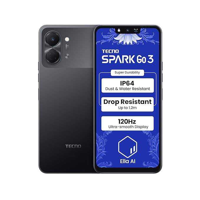 Tecno Spark GO 3 (Ink Black, 4GB+64GB | Super Durability Drop Resistant & IP64 Rated | Make Calls Without Network* |Ella Al in Your Own Language | Super Smooth 120Hz 6.74" Display |5000mAh Battery