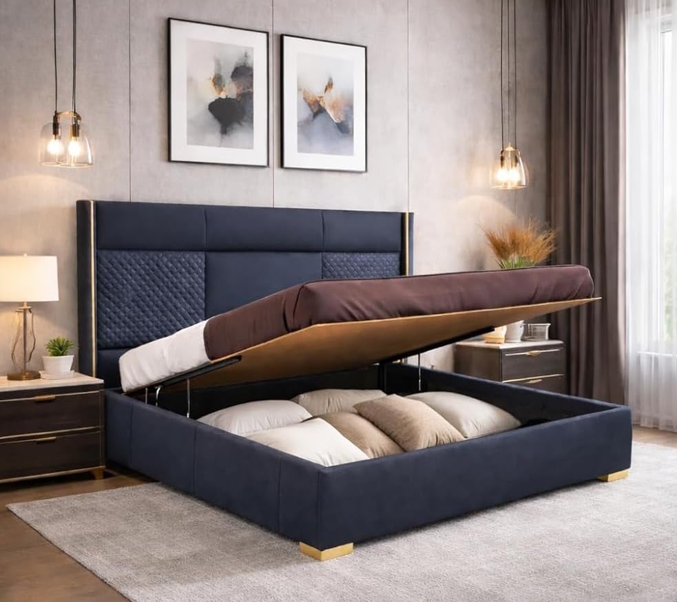 Royal Modern Upholstered King Size Bed with Hydraulic Storage for Bedroom | Wooden Double Beds for Home & Hotels | Platform Cot Bed with Upholstery Fabric, 6.5 x 6 Ft | Sheesham, Blue