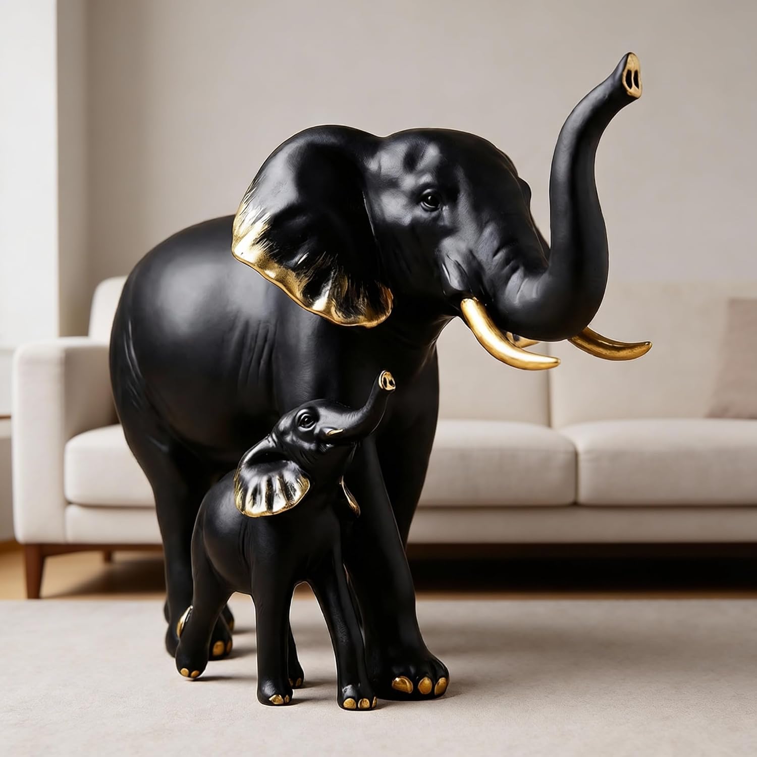 Amazon Brand - Umi Luxury Black and Gold Elephant Mother Baby 360 Resin Statue, Showpiece for Living Room, Office Desk and Entryway, Elegant Decor Figurine with Traditional Symbolism (Length 28Cm)