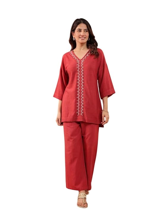 Amazon Brand - Tavasya Embroidered Co-Ord Set for Women (IN, Alpha, L, Regular, Maroon)