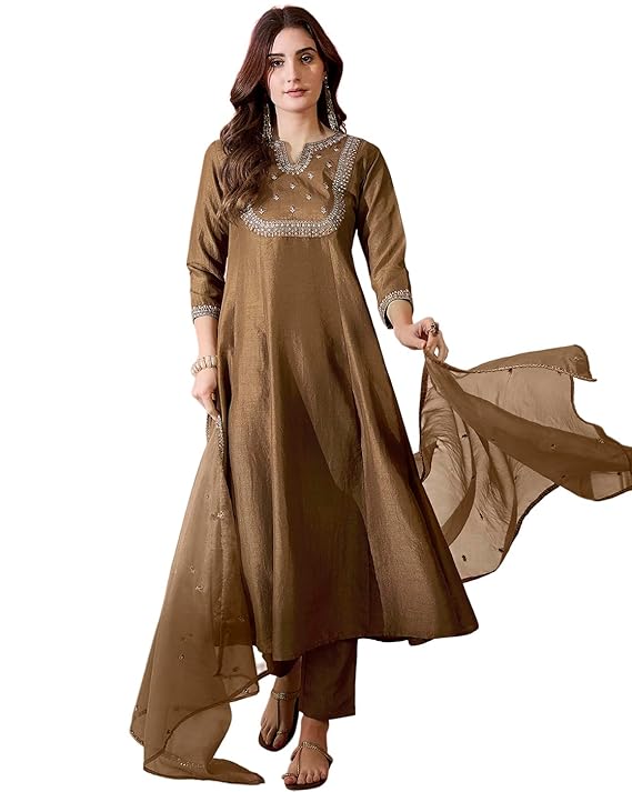 Amazon Brand - Tavasya Women Silk Zari Sequence Embroide Kurta with Pant And Dupatta |Kurta Set|Salwar Suit|3 Piece Set