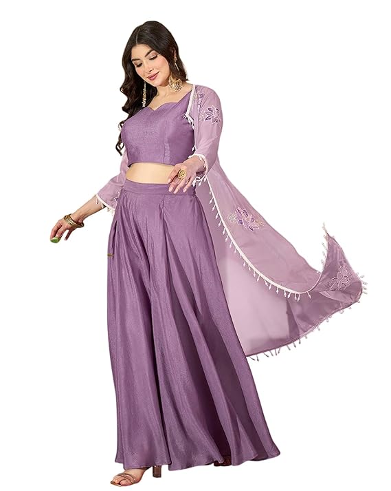 Amazon Brand - Tavasya Women Zari Sequence Thread Embroide with Lace Blouse with Plazzo And Shrug|Salwar Suit|Kurta Set|3 Piece Set