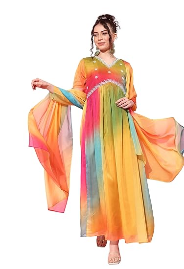 Amazon Brand - Tavasya Women Organza Tie & Dye Embroide A-Line Gown with Dupatta for Women|Salwar Suit|Kurta Set|3 Piece Set