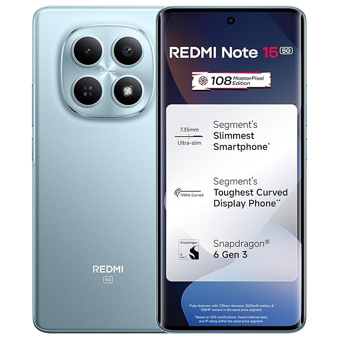 REDMI Note 15 5G (Glacier Blue, 8GB RAM 128GB Storage) | 108MP OIS Camera | Snapdragon 6 Gen 3 | 17.2cm Tough Curved AMOLED Screen | Segment's Slimmest Phone | 5520mAh Si/C Battery | 45W Fast Charging Visit the Redmi Store