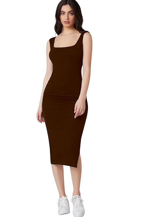 Aahwan Royal Solid Bodycon Square Neck Midi Side Split Thigh Dress for Women's & Girl's