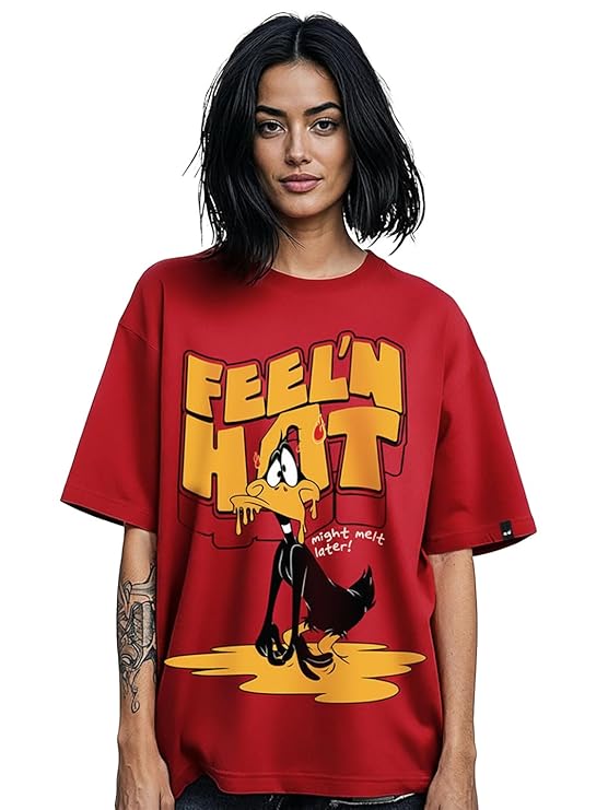 Bewakoof X Looney Tunes Looney Tunes Women's 100% Cotton AOP Oversized Fit Half Sleeve Round Neck T-Shirt | Casual wear | Streetwear | Oversized Tshirt for Woman Cotton| Baggy
