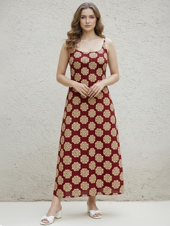 Aahwan White Printed Round Neck Sleeveless Backless Long Indo Western Fusion Dress for Women's & Girl's