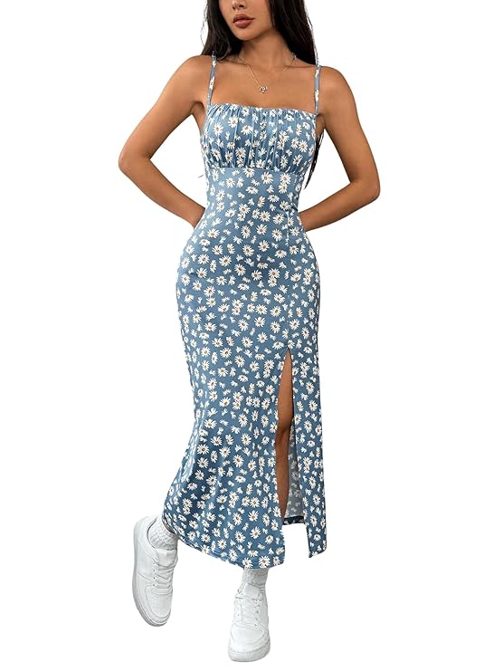 Aahwan Yellow Printed Knitted Cami Split Pastel Dresse for Women's & Girl's