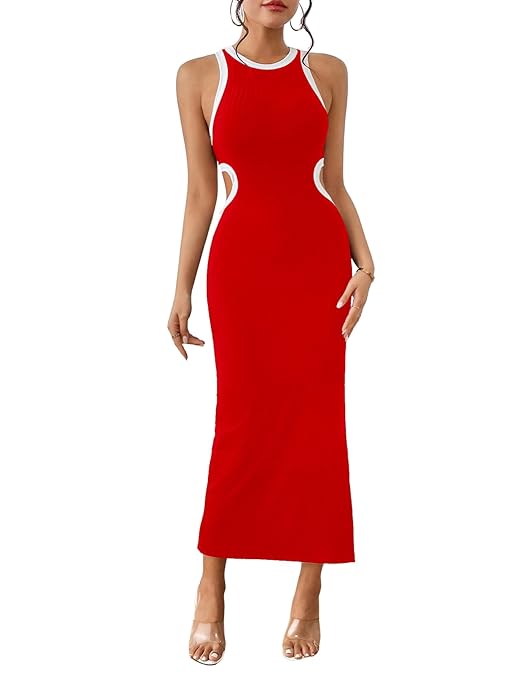 Aahwan Red Solid Cut Out Split Thigh Backless Dress for Women's & Girl's