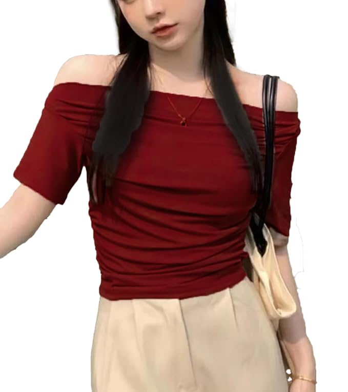 Istyle Can Korean Solid Short Sleeve Asymmetric Collar Pleated Cropped Top - Asymmetrical Neck, Ruched Design, Regular Sleeve, Casual, Half Sleeve, Slim Fit
