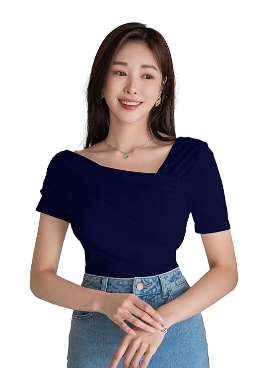 Istyle Can Women's Navy Blue Ruched Asymmetrical Stretch T-Shirt – Chic & Comfortable Top