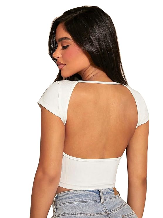 Aahwan Royal Solid Slim Fit Tee Backless Western Stylish Short Sleeve Ribbed Crop Top for Women's & Girls