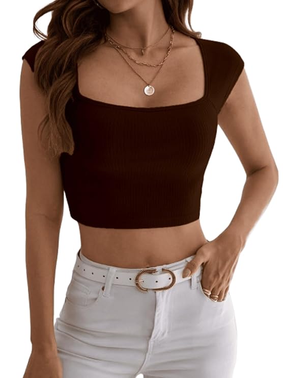 Aahwan Women's Polyester Fitted Royal Solid Square Neck Rib-Knit Form Tee Top (KV-294)
