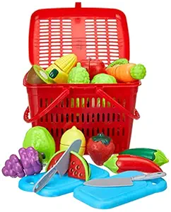 Amazon Brand - Jam & Honey Fruit and Vegetable Basket Toy for Kids|Pretend and Play Food Basket |Realistic Cutting and Slicing | Ideal for Kids Age 3+/7 Fruits/7 Vegetables/1 Chopping Board/1 Knife,