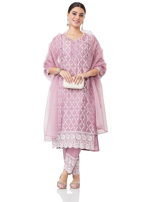 Amazon Brand - Myx Women Embroidered Cotton Kurta Pant Set with Organza Dupatta (Available in Plus Sizes)