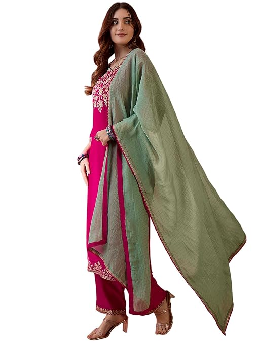 Amazon Brand - Tavasya Women Silk Blend Zari Sequence Embroidered Kurta With Pant And Dupatta | Salwar Suit | Kurta Set