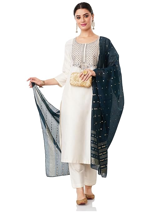 Amazon Brand - Myx Women's Embroidered Kurta Pant Set with Contrast Dupatta (Available in Plus Sizes)