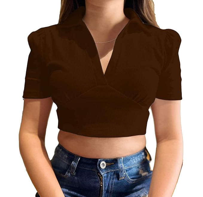 Aahwan Women's & Girls' Solid Basic V Neck Collared Ribbed Slim Fit Crop Top