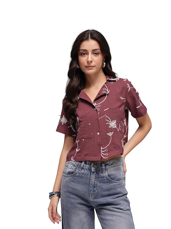 Amazon Brand - INKAST Women Floral Textured Half Sleeve Button Down Tunic Top with Pockets|Camp Collar|Casual Wear|