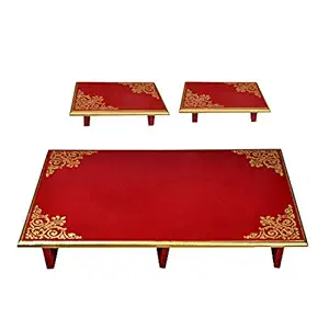 Lalhaveli Decorative Red Pooja Chowki Stool for Home Decorations Puja Room Patala Diwali Gifts Set of 3 Pcs (24LX15WX4H Inches, Red)