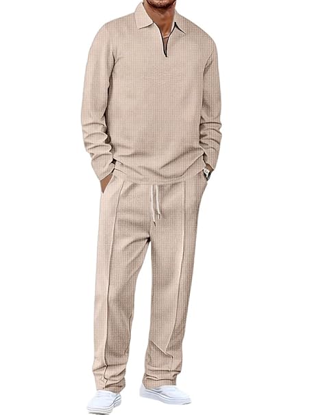Men’s Waffle-Check Co-Ord Set | Self-Textured Collar Top | Drawstring Jogger Pants | Cotton-Blend Loungewear/Night-Suit | Casual Travel & Streetwear Two-Piece