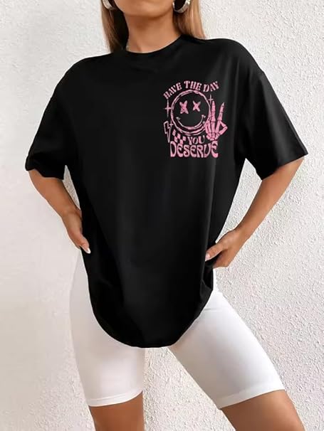 Cotton Blend Oversized Fit Half Sleeve Printed Round Neck T-Shirt for Women | Aesthetic Summer Wear