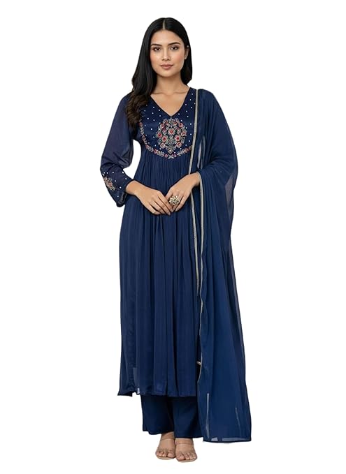 Amazon Brand - Tavasya Women's Soft Rayon Fabric Embroidered Straight Kurta Set with Pant and Dupatta | Kurti Set for Women