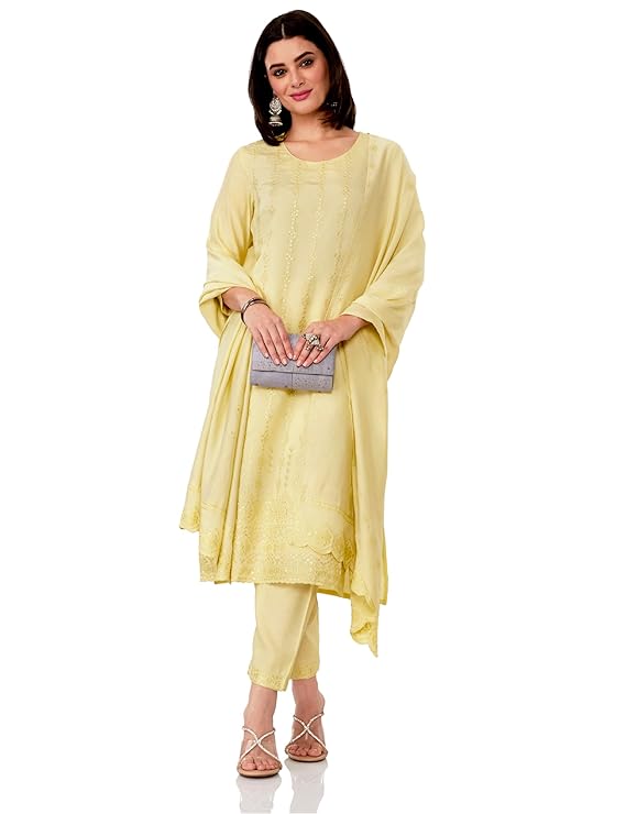 Amazon Brand - Myx Women's Embroidered Kurta Pant Set with Dupatta (Available in Plus Sizes)