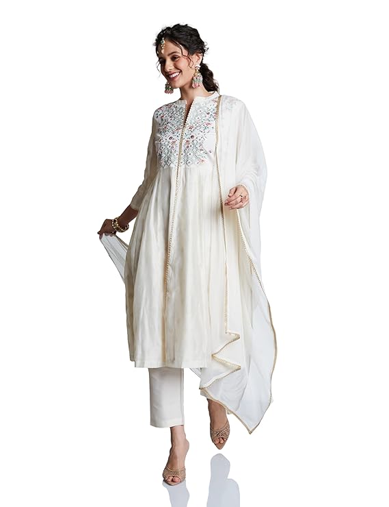 Amazon Brand - Myx Women's Embroidered Anarkali Kurta Set with Mesh Dupatta | Chanderi Blend (Available in Plus Sizes)