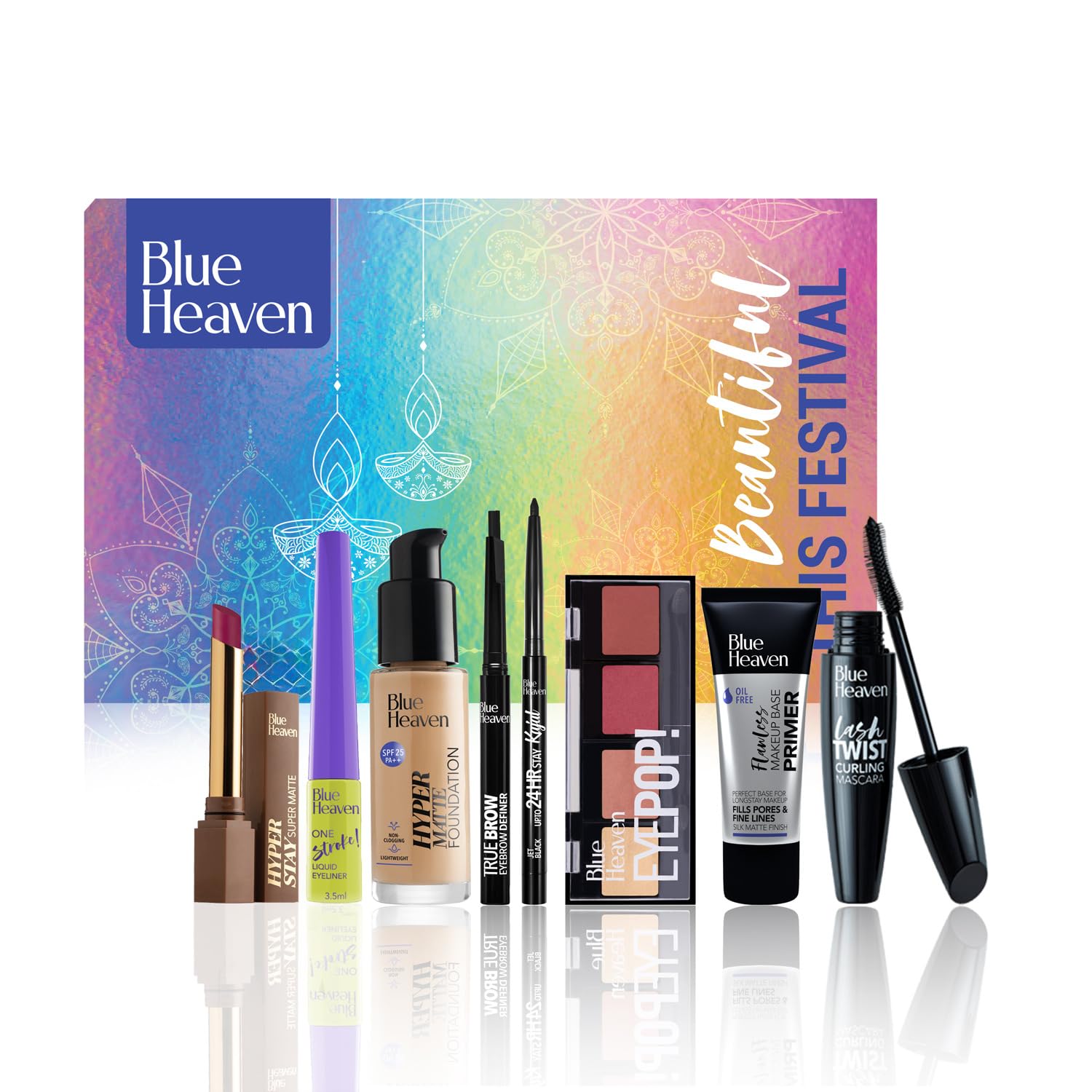 Blue Heaven Festive Makeup Kit Set | Pack of 8 Makeup Essentials | Complete Makeup Kit Set for women | Ideal for Festive Looks, Gifting & Bridal Makeup | Fair Tone Combo | Pack of 8 | 32.1g+45.5ml