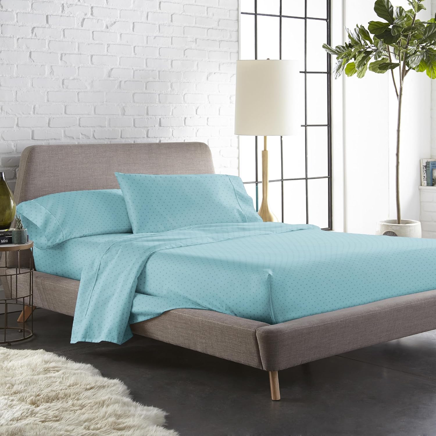 Blue Dahlia King Size (108" x 108") Bedsheet + 2 Pillow Covers (18"x28"), 300TC Swiss Dot 100% Cotton (Silky Smooth Feel) for Double/King Mattress, Soft & Breathable Oeko-TEX Certified (Blue Fog)