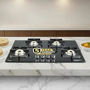 iBELL Flame 4 Burner Hob Gas Stove, Auto Ignition, Toughened Glass Top, Big Size (Brass, Black, 80 X 50 X 8 Cm)