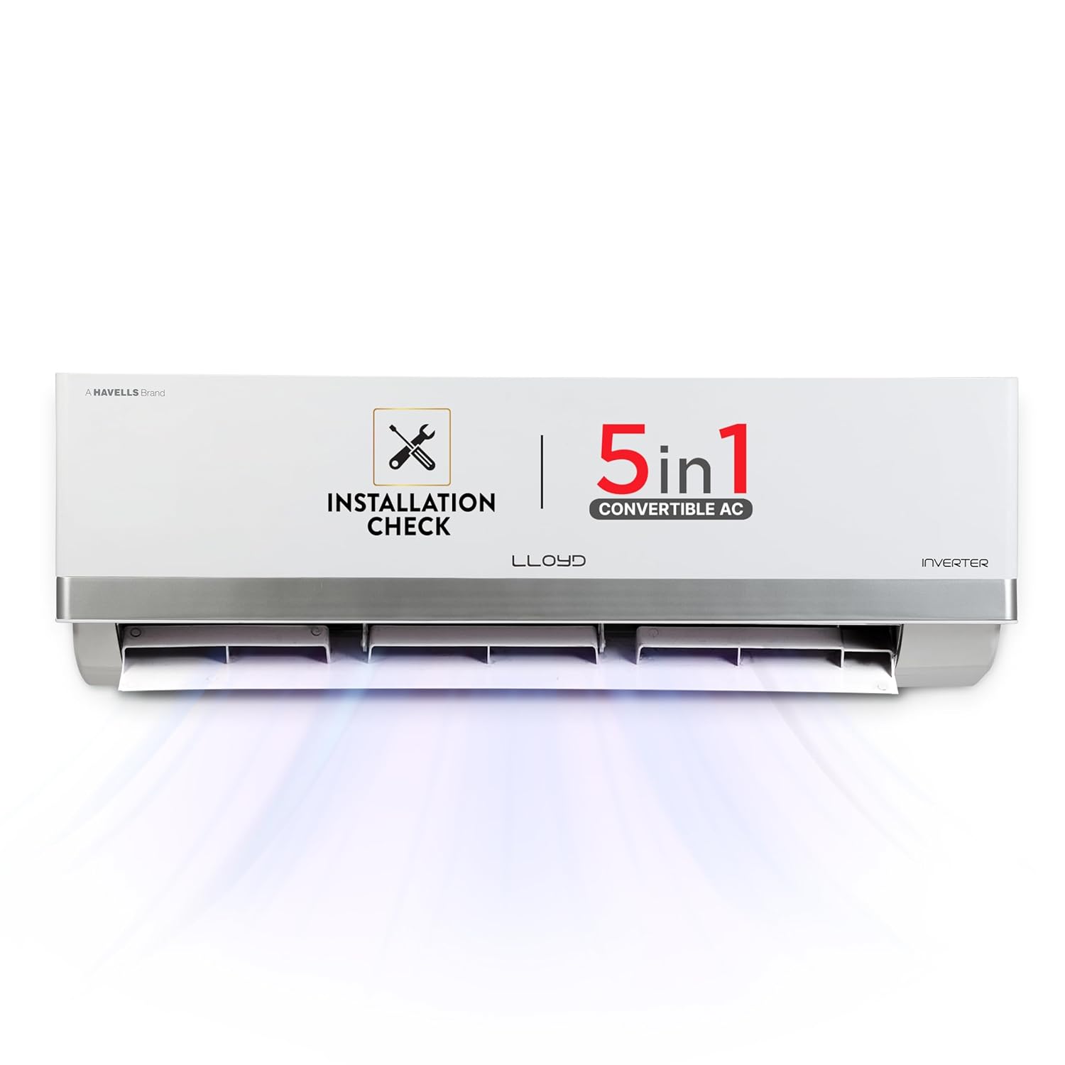Lloyd 1.5 Ton 3 Star Inverter Split AC (5 in 1 Convertible, Cools Even at 52°C, Anti Corrosion Coating, Copper, Anti-Viral Filter, White with Silver Deco Strip, GLS18I3FOSBW)