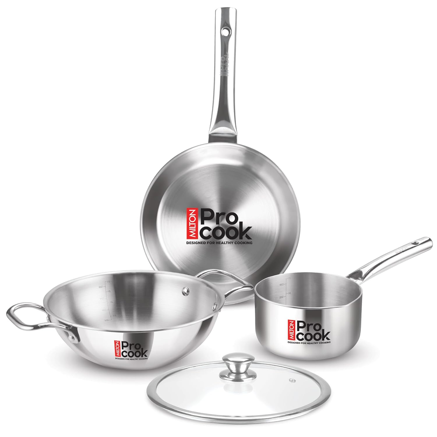 Milton Pro Cook Induction Cookware & Gas Stove Friendly Triply Stainless Steel 4Pc Cookware Set | Tea Pan 16 cm | Fry Pan 22 cm | Kadai with Glass Lid 24 cm | Even & Fast Cooking | 3 Years Warranty