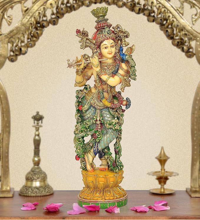 Amazon Brand - Umi Polyresin Lord Krishna Idol Figurine Sculpture Playing Flute Statue, for Home Decor Mandir Pooja Decorative Showpiece, (Height 14.5 Inch)