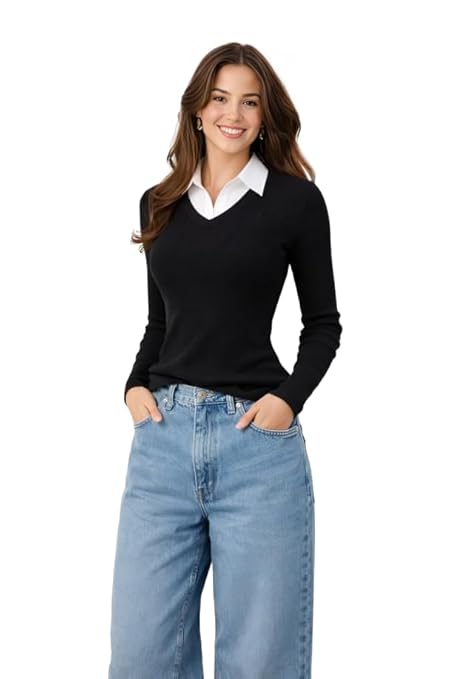 Women’s Solid V-Neck Cotton Collar Full Sleeve Top | Soft Knit Casual Wear for Women | Regular Fit | Sizes XS–L