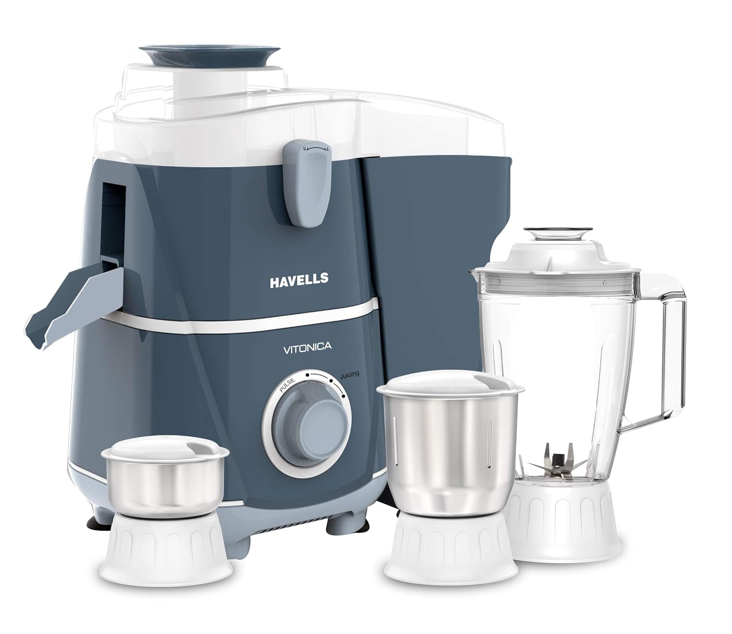 Havells Vitonica 500Watts Juicer Mixer Grinder with 3 Bigger Size Jars | Rust Resistant 304SS Sieve | Large Size Pulp Container | 1.75 Ltr Break Resistant Jar | 5 Yr Motor Manufacturer Warranty (Blue)