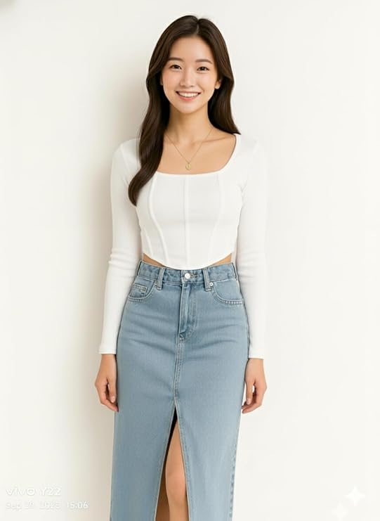 Stylish Square Neck Full Sleeve Cotton Ribbed Top for Women | Trendy Crop Top for Jeans & Skirts