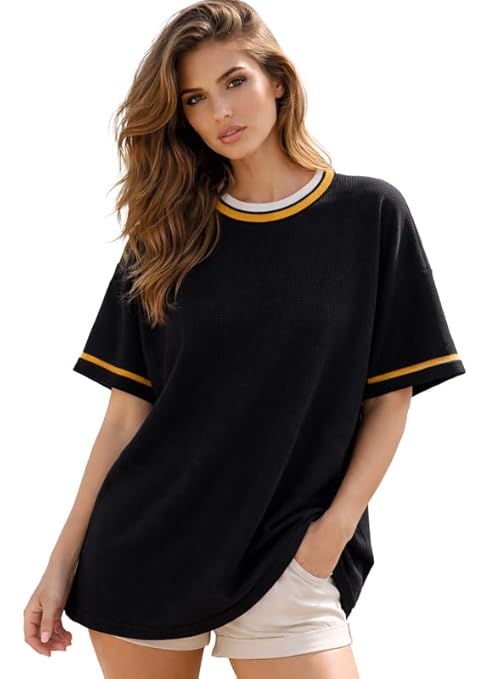 London Hills Women’s Waffle Texture T-Shirt | Loose Fit Casual Summer Top | Round Neck with Contrast Rib Collar & Sleeve Stripe | Soft Breathable Half Sleeve Tee