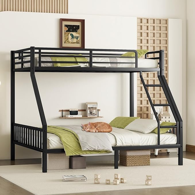 Twin XL Over Queen Bunk Bed, Heavy Duty Bunk Beds with Ladder and Guardrail Metal Bunk Bed Frame for Adults Brothers Brothers Bedroom Dorm Small Space, Black