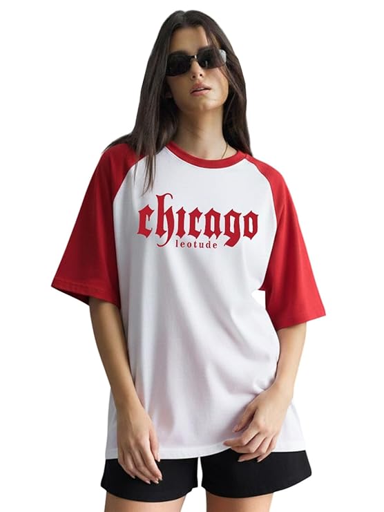 LEOTUDE Half Sleeve Cottonblend Oversized Tshirt for Women, Round Neck Longline Printed Raglan Sleeve Colourblocked Drop Shoulder Baggie T-Shirt Top for Woman (Color Pink)