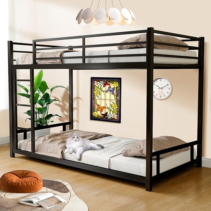 Bunk Bed Twin Over Twin Size Low Metal Bunk Bed with Ladder & Guardrails Floor Bunk Frame Bunkbeds for Teens Dorm Small Spaces Guest Room, No Box Spring Needed, Black Upgrade
