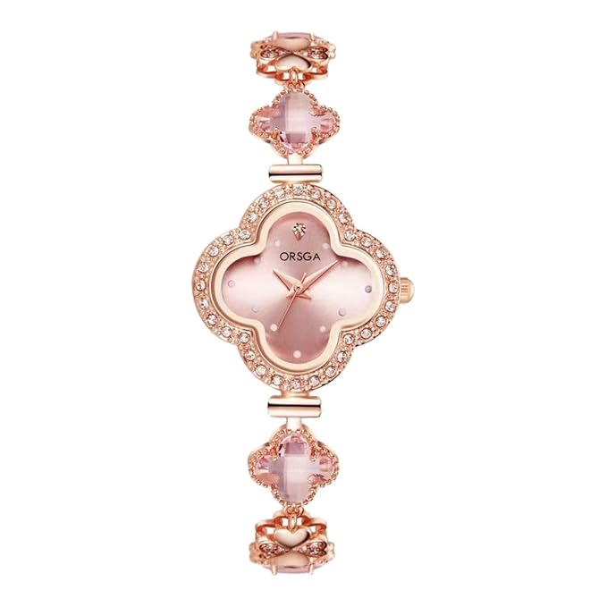 ORSGA Watch Bracelet Analog Clover Dial Wrist Watch for Ladies Luxury Diamond Stone Rose Gold Brass Strap Dress Watch for Women