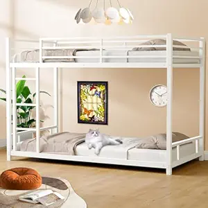Bunk Bed Twin Over Twin Size Low Metal Bunk Bed with Ladder & Guardrails Floor Bunk Frame Bunkbeds for Teens Dorm Small Spaces Guest Room, No Box Spring Needed, White Upgrade