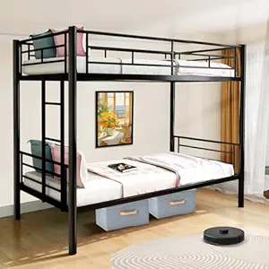 Bunk Bed Twin Over Twin, High Guardrail and Metal Slats Adults Teenagers Double Bed Bunk Bed with Storage Dorm Small Spaces Guest Room, No Box Spring Needed Safety Design(Black)