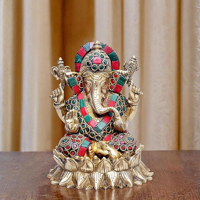Amazon Brand - Umi Brass Lord Ganesha Sitting On Lotus Idol, Height : 6 inch