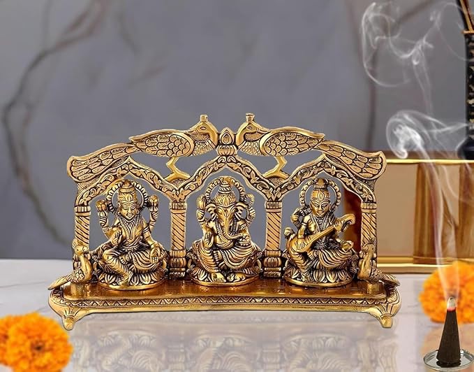 Amazon Brand - Umi Metal Ganesha, Lakshmi and Saraswati Idol Sculpture, Golden (5.5" Height x 10.0" Width)