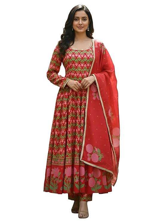 Leriya Fashion Kurta Set with Dupatta | Kurta Sets for Woman | Anarkali Style Traditional Dress for Woman | Salwar Suit for Party Outfit | Anarkali Suit for Women | Red Kurti Set for Women