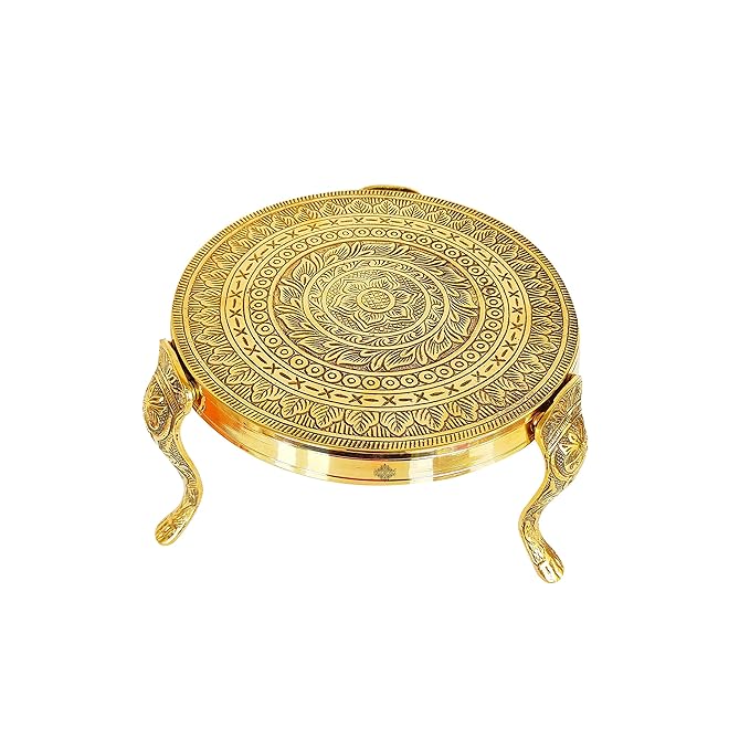Indian Art Villa Handmade Brass Nakasi 3 Step Round Chowki, Poojan Temple Home, Gift Item Home Décor, Dia. 8.5" Inch Gold